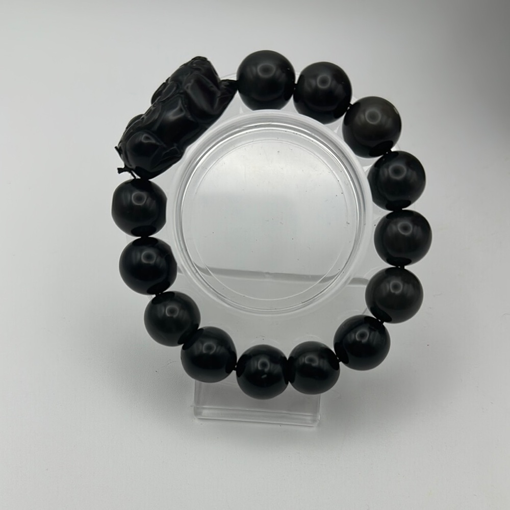 Silver Sheen Black Obsidian Beaded Bracelet with Pixiu Bead - Picture 6 of 15